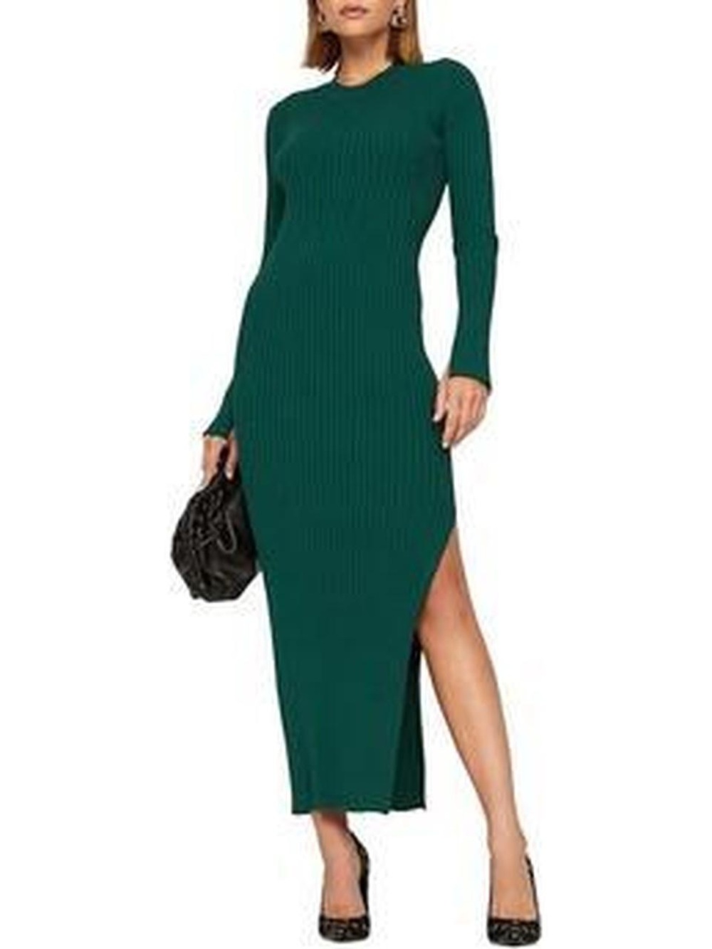 Long-Sleeve Ribbed Maxi Dress in Deep Green